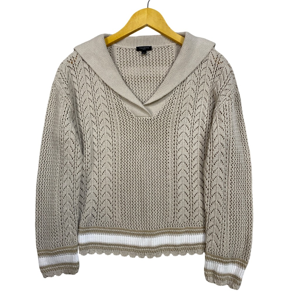 Talbots M Petite Beige Pointelle Sailor Collar Sweater Scalloped Hem‎ Neutral